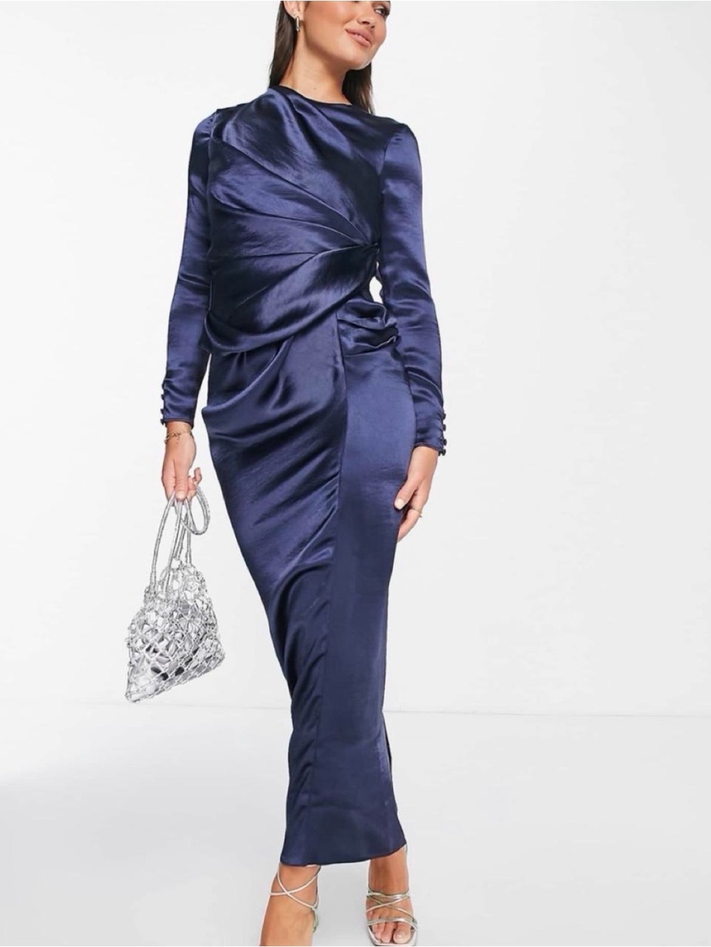 ASOS Navy Satin Twist-Detail Long Sleeve Maxi Dress